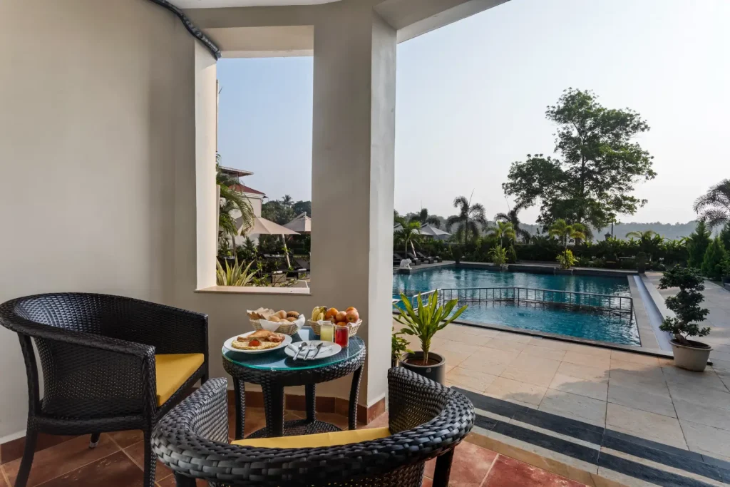Pool view from balcony of suite room in Masaka Suites
