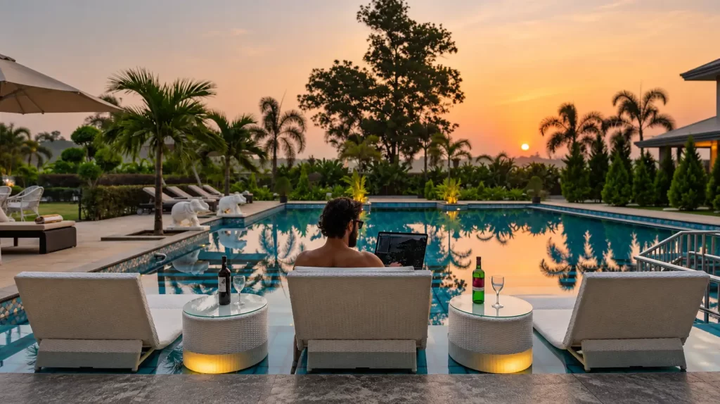 Man working on his laptop by the pool in a tropical setting